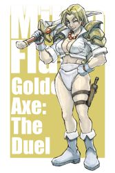 Rule 34 | 1girl, abs, armor, artist name, blonde hair, blue eyes, boots, breasts, cleavage, earrings, gloves, golden axe, golden axe: the duel, hand on own hip, hid, high collar, highleg, highres, hip bones, jewelry, large breasts, long hair, midriff, milan flare, necklace, one eye closed, open clothes, open shirt, sega, shiny skin, shoulder armor, smile, sword, thick thighs, thighs, toned, weapon, wink