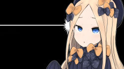 Rule 34 | 1girl, :o, abigail williams (fate), black background, black bow, black dress, black hat, blonde hair, blue eyes, blush, bow, commentary request, dress, fate/grand order, fate (series), forehead, hair bow, hand up, hat, long hair, long sleeves, looking at viewer, newtype flash, orange bow, parted bangs, parted lips, polka dot, polka dot bow, shiming liangjing, sleeves past fingers, sleeves past wrists, solo, very long hair
