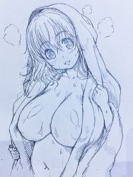 Rule 34 | 1girl, areola slip, blush, breasts, cleavage, hair down, highres, huge breasts, long hair, looking at viewer, monochrome, navel, nitroplus, nude, open mouth, plump, shiny skin, sketch, solo, steam, super pochaco, towel, traditional media, tsuji santa, wet