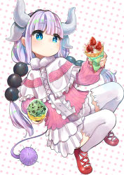 Rule 34 | 10s, 1girl, blue eyes, capelet, crepe, dragon girl, dragon horns, dragon tail, food, hair bobbles, hair ornament, hairband, high heels, highres, holding, horns, ice cream, kanna kamui, kobayashi-san chi no maidragon, light purple hair, long hair, low twintails, mint chocolate, mint chocolate chip, pumps, rainys bill, slit pupils, solo, tail, thighhighs, twintails, white thighhighs, zettai ryouiki