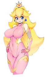 Rule 34 | 1girl, bad id, bad twitter id, bare shoulders, blonde hair, blush, bodysuit, breasts, commentary, covered navel, crown, earrings, elbow gloves, fishnets, gloves, hand on own hip, highres, jewelry, large breasts, legs together, lips, long hair, looking to the side, mario (series), nintendo, parted lips, pink bodysuit, princess peach, shiny clothes, shiny skin, simple background, skin tight, slugbox, solo, standing, taimanin (series), taimanin asagi, taimanin suit, teeth, white background