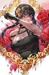 Rule 34 | 1girl, bare shoulders, black dress, black gloves, black hair, blood, blood on face, bloody weapon, breasts, celtisart, cleavage, dagger, dress, earrings, flower, gloves, gold, gold earrings, gold hairband, great pyrenees, hairband, highres, holding, holding dagger, holding knife, holding weapon, jewelry, knife, large breasts, orange eyes, rose, short hair with long locks, sidelocks, solo, spy x family, weapon, white background, yor briar