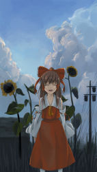 Rule 34 | 1girl, ascot, bow, brown hair, cloud, day, detached sleeves, closed eyes, facing viewer, female focus, flower, hair bow, hair tubes, hakurei reimu, highres, kinoto (ruindivinity), open mouth, power lines, short hair, sky, solo, sunflower, touhou, utility pole, wide sleeves, yellow ascot