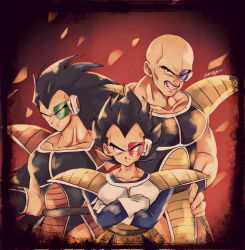 Rule 34 | 3boys, amayu (amaamailust), armor, bald, black eyes, black hair, closed mouth, commentary request, cowboy shot, crossed arms, dragon ball, dragonball z, facial hair, gloves, grin, highres, long hair, looking at viewer, male focus, multiple boys, muscular, muscular male, mustache, nappa, raditz, saiyan armor, scouter, shoulder pads, signature, smile, spiked hair, upper body, vegeta, white gloves