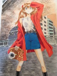 Rule 34 | 1girl, blue eyes, breasts, brown hair, building, city, denim, denim skirt, eywy4324, hair ornament, hand in own hair, highres, interface headset, long hair, looking at viewer, neon genesis evangelion, shiny clothes, simple background, skin tight, skirt, solo, souryuu asuka langley, standing, traditional media, two side up