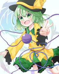 Rule 34 | 1girl, :d, absurdres, black hat, floral background, floral print, flower, green eyes, green hair, green skirt, hat, hat ribbon, heart, heart of string, highres, karuthi, koishi day, komeiji koishi, long sleeves, looking at viewer, open mouth, ribbon, rose, rose print, shirt, short hair, signature, skirt, smile, solo, third eye, touhou, v, v-shaped eyebrows, wide sleeves, yellow ribbon, yellow shirt