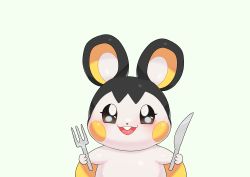 Rule 34 | :3, animal focus, black eyes, blush, blush stickers, buck teeth, creatures (company), drunkoak, emolga, fork, game freak, gen 5 pokemon, green background, hands up, happy, highres, holding, holding fork, holding knife, knife, looking at viewer, nintendo, no humans, open mouth, pokemon, pokemon (creature), simple background, smile, solo, straight-on, teeth, upper body