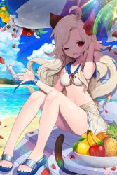 Rule 34 | 1girl, ahoge, animal, animal ears, apple, arm up, banana, bare legs, beach, beach umbrella, bikini, bikini top only, blade &amp; soul, blue flower, blue footwear, blue rose, blue sailor collar, breasts, cat, cat ears, cat tail, chair, character request, collarbone, commentary, commission, day, english commentary, fang, flower, food, food request, fruit, glint, hair flower, hair ornament, handheld electric fan, head tilt, highres, horizon, kuang (kzhw7588), lemon, light brown hair, long hair, looking at viewer, lounge chair, medium breasts, navel, ocean, one eye closed, open mouth, orange (fruit), outdoors, petals, pineapple, pleated skirt, red apple, red eyes, red flower, red rose, rose, rose petals, sailor bikini, sailor collar, sand, sandals, sitting, skirt, solo, summer, swimsuit, tail, umbrella, very long hair, water, white bikini, white cat, white skirt, yellow flower, yellow rose