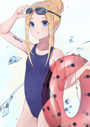 Rule 34 | 1girl, abigail williams (fate), absurdres, blonde hair, blue eyes, blue one-piece swimsuit, blush, body writing, breasts, character name, chestnut mouth, child, collarbone, fate/grand order, fate (series), forehead, goggles, goggles on head, hair bun, highleg, highleg swimsuit, highres, innertube, long hair, one-piece swimsuit, open mouth, parted bangs, pillow (blackpirou), sidelocks, single hair bun, small breasts, swim ring, swimsuit, water