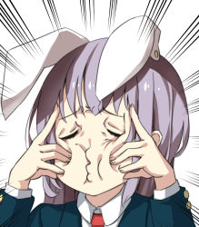 Rule 34 | 1girl, anger vein, animal ears, black sleeves, black vest, blazer, blouse, buttons, closed eyes, closed mouth, collarbone, collared shirt, emphasis lines, grimace, highres, holding head, index finger raised, jacket, light purple hair, long hair, long sleeves, necktie, pegashi, rabbit ears, red necktie, reisen udongein inaba, shirt, simple background, solo, touhou, upper body, vest, what, white background, white shirt