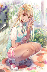 Rule 34 | 1girl, blonde hair, blush, bracelet, character request, copyright request, dark-skinned female, dark skin, day, dsmile, green eyes, hair ornament, hairclip, jewelry, long hair, looking at viewer, nail polish, open mouth, original, outdoors, pleated skirt, school uniform, shoes, short sleeves, skirt, smile, sneakers, socks, solo, squatting, sweater vest, thighs, v, white socks, wristband, x hair ornament