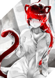 Rule 34 | 1girl, absurdres, animal ear fluff, animal ears, bottomless, cat ears, cat girl, cat tail, collarbone, collared shirt, hand up, highres, holding tail, long hair, long sleeves, looking at viewer, mashiro miku, monochrome background, nail polish, naked shirt, navel, original, red eyes, red hair, red nails, red theme, shirt, sitting, solo, tail, tail raised, traditional media, upper body, very long hair