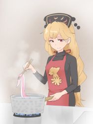 Rule 34 | 1girl, animal ears, animal print, apron, black dress, black hat, black sleeves, blonde hair, breasts, brown background, closed mouth, commentary request, cooking, crescent, dress, fox ears, fox print, fox tail, hands up, hat, junko (touhou), kanpa (campagne 9), long hair, long sleeves, looking down, medium breasts, one-hour drawing challenge, phoenix crown, pom pom (clothes), rabbit ears, red apron, red eyes, saucepan, simple background, smile, solo, standing, steam, tail, touhou, water