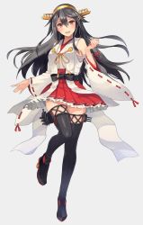Rule 34 | 1girl, bare shoulders, black footwear, black hair, blush, brown eyes, detached sleeves, full body, grey background, hair between eyes, hair ornament, hairband, hairclip, haruna (kancolle), headgear, highres, japanese clothes, kantai collection, kasumi (skchkko), long hair, nontraditional miko, open mouth, pleated skirt, red skirt, ribbon-trimmed sleeves, ribbon trim, rudder footwear, simple background, skirt, smile, solo, wide sleeves