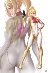 Rule 34 | 1girl, ass, blonde hair, blue eyes, bodysuit, breasts, commentary request, covered navel, energy gun, finalcake, gun, hand on own hip, hand up, handgun, highres, holding, holding weapon, lips, long hair, long sleeves, looking at viewer, medium breasts, metroid, metroid dread, mole, mole under mouth, multiple views, nintendo, ponytail, samus aran, skin tight, smile, turtleneck, weapon, zero suit