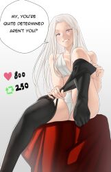 Rule 34 | 1girl, ass, bare shoulders, black pantyhose, bra, breasts, cameltoe, clothes pull, commentary, edelgard von hresvelg, english commentary, english text, fire emblem, fire emblem: three houses, grin, highres, long hair, looking at viewer, medium breasts, meme, nintendo, panties, pantyhose, pantyhose pull, pomelomelon, purple eyes, sitting, smile, solo, twitter strip game (meme), underwear, underwear only, undressing, white bra, white hair, white panties
