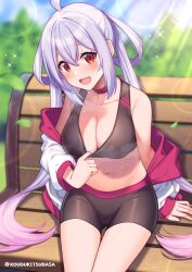 Rule 34 | 1girl, ahoge, alternate costume, bare shoulders, bench, bike shorts, black shirt, black shorts, blurry, bokeh, breasts, choker, cleavage, clothes pull, commission, crop top, day, depth of field, gradient hair, hair rings, heavy breathing, jacket, kouzuki tsubasa (musou kaidou), large breasts, light rays, long hair, long sleeves, looking at viewer, matoi (pso2), midriff, multicolored hair, navel, off shoulder, open clothes, open jacket, open mouth, outdoors, park bench, phantasy star, phantasy star online 2, pink hair, pulling own clothes, red choker, red eyes, shirt, shirt pull, short shorts, shorts, sidelocks, sitting, skeb commission, sleeveless, sleeveless shirt, smile, solo, sports bra, stomach, sunbeam, sunlight, sweat, thighs, twintails, very long hair, white hair, white jacket