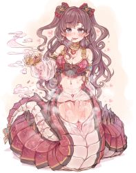 Rule 34 | 10s, 1girl, 7010, bare shoulders, blue eyes, blush, bottle, bow, breasts, brown hair, choker, cleavage, detached sleeves, earrings, frilled skirt, frills, granblue fantasy, hair bow, heart, heart-shaped pupils, heart pendant, ichinose shiki, idolmaster, idolmaster cinderella girls, jewelry, lamia, long hair, long tongue, looking at viewer, medium breasts, monster girl, navel, necklace, plaid, potion, pussy, pussy juice, saliva, scales, skirt, slit pupils, smile, solo, steam, sweat, symbol-shaped pupils, tongue, tongue out, twintails, two side up, uncensored, wavy hair