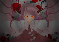 Rule 34 | 1girl, animal ears, blood, blood stain, darkness, earrings, female focus, glowing, glowing eyes, highres, jewelry, musical note, mystia lorelei, outstretched arms, pink hair, short hair, slit pupils, smile, solo, spread arms, strelka belca, touhou, wings