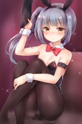 Rule 34 | 1girl, alternate costume, animal ears, black leotard, black pantyhose, blunt bangs, blush, bow, bowtie, breasts, brown eyes, closed mouth, crossed legs, detached collar, fake animal ears, grey hair, hair ribbon, kantai collection, kasumi (kancolle), leotard, long hair, nikoo, pantyhose, playboy bunny, ponytail, rabbit ears, red bow, red bowtie, ribbon, side ponytail, sitting, small breasts, solo, sparkle, thighs, wavy mouth, wrist cuffs