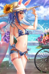 Rule 34 | 1girl, :d, absurdres, alternate costume, animal ear fluff, animal ears, arm behind back, belt, bicycle, bikini, bird, blue bikini, blue hair, blue sky, blush, bracelet, braid, breasts, brown belt, carrot earrings, cleavage, cloud, cloudy sky, collarbone, commentary, cowboy shot, day, denim, denim shorts, earrings, eyelashes, flower, food-themed earrings, food themed earrings, french braid, frilled bikini, frills, from side, halterneck, hat, hat flower, highres, holding, holding flower, hololive, huge filesize, innertube, jewelry, lighthouse, long hair, looking at viewer, multicolored hair, navel, neru0509, ocean, open mouth, outdoors, polka dot, polka dot bikini, profile, purple flower, rabbit-shaped pupils, rabbit ears, railing, red eyes, short shorts, shorts, side-tie bikini bottom, sky, small breasts, smile, solo, sparkle, stomach, straw hat, streaked hair, string bikini, sunflower, sunlight, sweat, swim ring, swimsuit, symbol-shaped pupils, thick eyebrows, thigh strap, torn clothes, torn shorts, two-tone hair, usada pekora, virtual youtuber, water drop, wet, white hair, wind