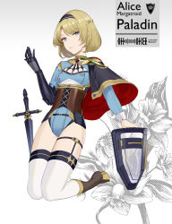 Rule 34 | 1girl, alice margatroid, alternate costume, armor, black capelet, black hairband, blonde hair, blue eyes, blue leotard, bob cut, boots, breasts, brooch, brown footwear, capelet, character name, commentary request, corset, full body, gauntlets, gradient background, grey background, hairband, hand up, high heel boots, high heels, highres, jewelry, kneeling, leotard, long sleeves, looking at viewer, parted lips, pauldrons, planted, planted sword, planted weapon, reeh (yukuri130), shield, short hair, shoulder armor, single gauntlet, small breasts, solo, sword, thighhighs, thighs, touhou, weapon, white background, white thighhighs