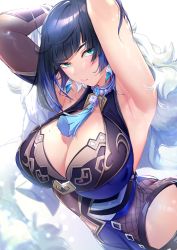 Rule 34 | 1girl, armpits, arms up, asumi03330, black gloves, black hair, blue dress, blue hair, blush, bob cut, breasts, cleavage, diagonal bangs, dress, earrings, elbow gloves, fur-trimmed jacket, fur trim, genshin impact, gloves, green eyes, highres, jacket, jacket on shoulders, jewelry, large breasts, looking at viewer, mole, mole on breast, multicolored hair, neck tassel, parted lips, single elbow glove, sleeveless, sleeveless dress, solo, two-tone hair, white background, white jacket, yelan (genshin impact)