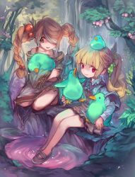Rule 34 | 2girls, berry, bird, blonde hair, braid, brown hair, collarbone, fantasy, forest, green eyes, hair bobbles, hair ornament, highres, holding, lee hyeseung, light particles, multiple girls, nature, one eye covered, original, pink eyes, ponytail, puddle, ripples, sitting, sitting on head, sitting on person, sleeping, sleeping on person, smile, twin braids, water, waterfall