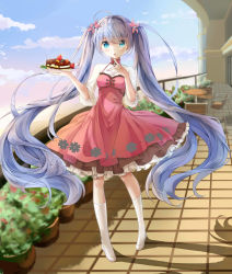 Rule 34 | 1girl, :o, ahoge, bad id, bad pixiv id, blue eyes, blue hair, blueberry, blush, breasts, chair, cloud, day, dress, eyebrows, flower, food, fruit, full body, hair flower, hair ornament, hatsune miku, head tilt, highres, kneehighs, long hair, looking at viewer, matching hair/eyes, open mouth, outdoors, petticoat, pigeon-toed, plant, plate, potted plant, railing, red dress, shoes, silhouette, sky, socks, solo, standing, strawberry, table, twintails, very long hair, vocaloid, white footwear, yue yue