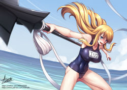 Rule 34 | 1girl, :d, adsouto, bare arms, bare legs, blonde hair, blue eyes, blush, breasts, character name, covered navel, elina (queen&#039;s blade), hair between eyes, highres, holding, holding polearm, holding weapon, large breasts, long hair, ocean, open mouth, outdoors, polearm, queen&#039;s blade, school swimsuit, signature, smile, solo, straight hair, swimsuit, very long hair, watermark, weapon, web address