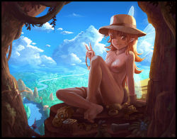 Rule 34 | 1girl, :3, ;p, barefoot, bracelet, breasts, brown hair, cleavage, cliff, cloud, day, fairy, feet, felarya, forest, hat, jewelry, karbo, legs, long hair, mask, md5 mismatch, medium breasts, nature, nipples, nude, nudist, one eye closed, outdoors, pointy ears, resized, resolution mismatch, river, scenery, sky, soles, solo, source larger, subeta, toes, tongue, tongue out, v, wings, wink