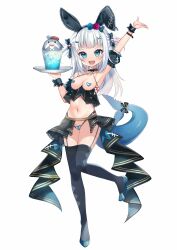 Rule 34 | 1girl, :d, absurdres, alternate costume, animal ears, armpits, black bow, black skirt, black thighhighs, bloop (gawr gura), blue eyes, blue footwear, blue hair, blue ribbon, blush, bow, breasts, clothes pull, collarbone, crop top, cup, detached sleeves, fake animal ears, fins, fish hair ornament, fish tail, flower, full body, garter straps, gawr gura, grey hair, hair bow, hair flower, hair ornament, heart maebari, heart pasties, highres, hololive, hololive english, lace, lace-trimmed bow, lace-trimmed skirt, lace trim, long hair, looking at viewer, maebari, midriff, multicolored hair, navel, open mouth, pasties, rabbit ears, red flower, red rose, ribbon, rinringyo, rose, shark girl, shark hair ornament, shark tail, sharp teeth, shirt pull, skirt, sleeveless, small breasts, smile, solo, streaked hair, striped, striped bow, sweat, tail, tail bow, tail ornament, teeth, thighhighs, tray, two side up, virtual youtuber, wrist cuffs, x hair ornament