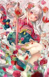 Rule 34 | 1girl, :d, absurdres, bell, bow, commentary, english commentary, floral print, flower, frilled socks, frills, green bow, green footwear, green skirt, grey hair, hair between eyes, hair flower, hair ornament, highres, holding, holding sword, holding weapon, japanese clothes, jingle bell, katana, kimono, koi, long hair, long sleeves, obi, open mouth, original, platform footwear, pleated skirt, print kimono, red eyes, red flower, red kimono, rin (fuwarin), sandals, sash, skirt, smile, socks, solo, sword, very long hair, weapon, white socks, wide sleeves, zouri