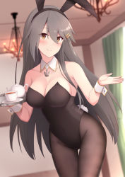 Rule 34 | 1girl, akahi242, anchor necklace, animal ears, bare shoulders, black leotard, blush, bow, bowtie, breasts, brown eyes, brown pantyhose, ceiling, ceiling light, cleavage, cup, curtains, detached collar, fake animal ears, fake tail, grey hair, hair ornament, hairband, hairclip, haruna (kancolle), highres, holding, holding tray, indoors, kantai collection, large breasts, leotard, lights, long hair, medium breasts, necklace, office, pantyhose, playboy bunny, rabbit ears, rabbit tail, ribbon trim, room, smile, solo, strapless, strapless leotard, tail, tea, tea set, teacup, teapot, tray, wrist cuffs