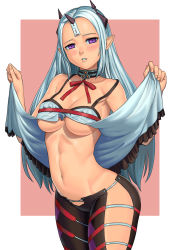 Rule 34 | 1girl, babydoll, blush, breasts, closers, clothes lift, cowboy shot, highres, horns, large breasts, lasterk, levia (closers), lifting own clothes, long hair, looking at viewer, navel, ofuda, open mouth, pointy ears, purple eyes, shirt lift, silver hair, solo, spaghetti strap, underboob