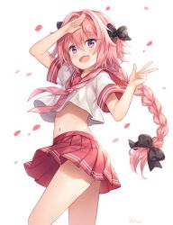 Rule 34 | 1boy, :d, astolfo (fate), astolfo (sailor paladin) (fate), black ribbon, blush, braid, commentary request, cowboy shot, cropped shirt, fang, fate/apocrypha, fate/grand order, fate (series), from side, hair between eyes, hair intakes, hair ribbon, hand up, hitsukuya, long hair, male focus, midriff, navel, neckerchief, official alternate costume, open mouth, petals, pink neckerchief, pink skirt, pleated skirt, purple eyes, ribbon, sailor collar, salute, school uniform, serafuku, shirt, single braid, skin fang, skirt, smile, solo, trap, tress ribbon, very long hair, w, white background, white shirt