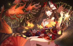 Rule 34 | 1girl, :d, absurdres, bare shoulders, bow, brown hair, carp, criss-cross halter, detached sleeves, dress, feet out of frame, fireworks, floating hair, fox mask, hair bow, halterneck, hand up, highres, holding, holding fireworks, honkai: star rail, honkai (series), legs together, long bangs, long hair, looking at viewer, mask, mask on head, nail polish, night, o-ring, obi, open mouth, outdoors, pelvic curtain, red bow, red dress, red eyes, red nails, red sleeves, sash, short dress, short sleeves, sidelocks, sitting, sleeveless, sleeveless dress, smile, solo, sparkle (honkai: star rail), sparkler, teeth, twintails, upper teeth only, xuan xuan xuan za