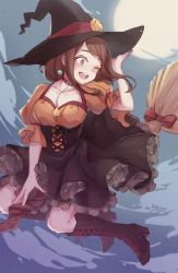 Rule 34 | 10s, 1girl, alternate costume, boku no hero academia, boots, bow, breasts, broom, broom riding, brown eyes, brown hair, choker, cloud, collarbone, corset, cross-laced footwear, dress, earrings, frilled skirt, frills, full moon, haiyun, halloween costume, hand on headwear, hat, high heel boots, high heels, highres, jewelry, knee boots, lace-up boots, looking to the side, medium breasts, moon, night, one eye closed, open mouth, puffy short sleeves, puffy sleeves, red bow, short hair, short sleeves, skirt, smile, solo, star (symbol), uraraka ochako, witch, witch hat