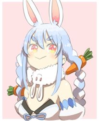 Rule 34 | &gt;:), 1girl, :&gt;, animal ear fluff, animal ears, bare shoulders, braid, breasts, carrot hair ornament, don-chan (usada pekora), food-themed hair ornament, hair ornament, hololive, long hair, multicolored hair, orange eyes, rabbit-shaped pupils, rabbit ears, rabbit girl, short eyebrows, small breasts, smile, solo, symbol-shaped pupils, thick eyebrows, twin braids, two-tone hair, upper body, usada pekora, usada pekora (1st costume), virtual youtuber, yoshida on