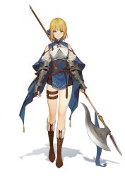 Rule 34 | 1girl, armor, belt, blonde hair, blue bow, blue eyes, boots, bow, brown footwear, cape, full body, gauntlets, hair bow, halberd, highres, polearm, solo, thighhighs, weapon, zettai ryouiki