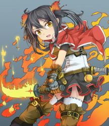 Rule 34 | 1girl, black hair, brown gloves, brown thighhighs, capelet, flaming sword, flaming weapon, gloves, looking at viewer, open mouth, original, shirt, skirt, solo, thighhighs, twintails, uumaru1869, white thighhighs, yellow eyes, zettai ryouiki