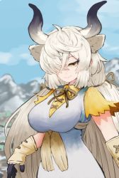 1girl, adeshi (adeshi0693119), animal ears, black horns, breasts, brown eyes, brown neckwear, closed mouth, day, dress, extra ears, eyelashes, gloves, grey horns, hair between eyes, hair over one eye, half-closed eye, highres, horns, kemono friends, kemono friends 3, large breasts, long hair, looking at viewer, mountainous horizon, multicolored horns, neck ribbon, outdoors, ox ears, ox girl, ox horns, ribbon, seductive smile, shirt, short sleeves, sidelocks, smile, solo, twintails, underbust, upper body, very long hair, white dress, yak (kemono friends), yellow shirt