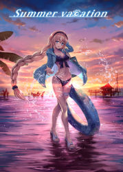 Rule 34 | 1girl, bikini, black bikini, black hairband, blonde hair, blue jacket, breasts, cleavage, cloud, collarbone, fate/grand order, fate (series), floating hair, front-tie bikini top, front-tie top, full body, hairband, hand on own head, innertube, jacket, jeanne d&#039;arc (fate), jeanne d&#039;arc (ruler) (fate), jeanne d&#039;arc (swimsuit archer) (fate), jeanne d&#039;arc (swimsuit archer) (first ascension) (fate), long hair, medium breasts, open clothes, open jacket, ouka (ra-raradan), outdoors, ponytail, solo, standing, swim ring, swimsuit, very long hair
