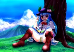 Rule 34 | 1girl, akizuki (akizuki71), arm support, black headwear, blue hair, blue skirt, blush, boots, bow, bowtie, breasts, brown footwear, cloud, food, fruit, grass, hat, hinanawi tenshi, leaf, long hair, looking at viewer, mountain, open mouth, panties, peach, peeing, peeing self, puddle, red eyes, red neckwear, shirt, short sleeves, sitting, skirt, sky, small breasts, smile, teeth, touhou, tree, underwear, v, wet, wet clothes, wet panties, white panties, white shirt