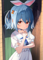 Rule 34 | 1girl, absurdres, ame., animal ears, black ribbon, blue hair, blush, brick wall, carrot hair ornament, choker, commentary request, door, food-themed hair ornament, hair between eyes, hair ornament, hair ribbon, hand up, highres, hololive, official alternate costume, parted lips, pleated skirt, puffy short sleeves, puffy sleeves, rabbit ears, red eyes, ribbon, shirt, short eyebrows, short sleeves, skirt, solo, thick eyebrows, two side up, usada pekora, usada pekora (casual), virtual youtuber, white choker, white shirt, white skirt