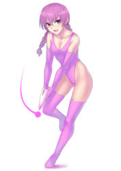 Rule 34 | 1girl, braid, elbow gloves, full body, glasses, gloves, gun, hai (h81908190), highleg, highleg leotard, leotard, long hair, looking at viewer, open mouth, original, pink gloves, pink leotard, pink thighhighs, purple eyes, purple hair, simple background, solo, standing, thighhighs, twin braids, twintails, weapon, white background