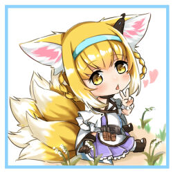 Rule 34 | 1girl, animal ears, arknights, black gloves, blonde hair, blue hairband, blush, braid, braided hair rings, chibi, colored tips, commentary request, dress, earpiece, flower, fox ears, fox girl, fox tail, full body, gloves, hair rings, hairband, highres, kitsune, kyuubi, lily of the valley, multicolored hair, multiple tails, name connection, nasumikan (nodoame241), object namesake, open mouth, purple dress, short hair, single glove, single wrist cuff, sitting, solo, suzuran (arknights), tail, triangle mouth, twin braids, two-tone hair, white hair, wrist cuffs, yellow eyes