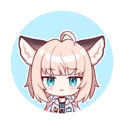 Rule 34 | 1girl, ahoge, animal ear fluff, animal ears, arknights, blue background, blue eyes, blush, closed mouth, coat, commentary, fox ears, fox girl, frown, infection monitor (arknights), lalihop, looking at viewer, material growth, oripathy lesion (arknights), outline, pink hair, portrait, short hair, solo, straight-on, sussurro (arknights), white coat, white outline