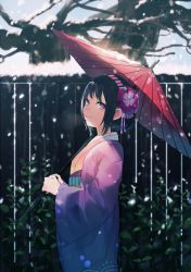 Rule 34 | 1girl, achiki, black hair, day, from side, hairband, holding, holding umbrella, japanese clothes, kimono, looking at viewer, mole, mole under eye, oil-paper umbrella, original, outdoors, pink eyes, red umbrella, short hair, smile, snow, snowing, solo, standing, striped clothes, striped hairband, tree, umbrella, yukata