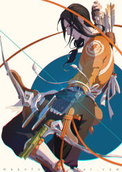 Rule 34 | 1boy, aged down, arm at side, arm tattoo, arrow (projectile), black eyes, black gloves, black hair, black pants, bluesy, bow (weapon), chromatic aberration, fingerless gloves, from side, gloves, glowing, gourd, hair over shoulder, hair tie, hand up, hanzo (overwatch), highres, holding, holding weapon, japanese clothes, leg up, light particles, long hair, looking at viewer, low-tied long hair, male focus, overwatch, overwatch 1, pants, print shirt, profile, quiver, ribbon, ribbon-trimmed sleeves, ribbon trim, shin guards, shirt, solo, standing, standing on one leg, tassel, tattoo, watermark, weapon, web address, young hanzo